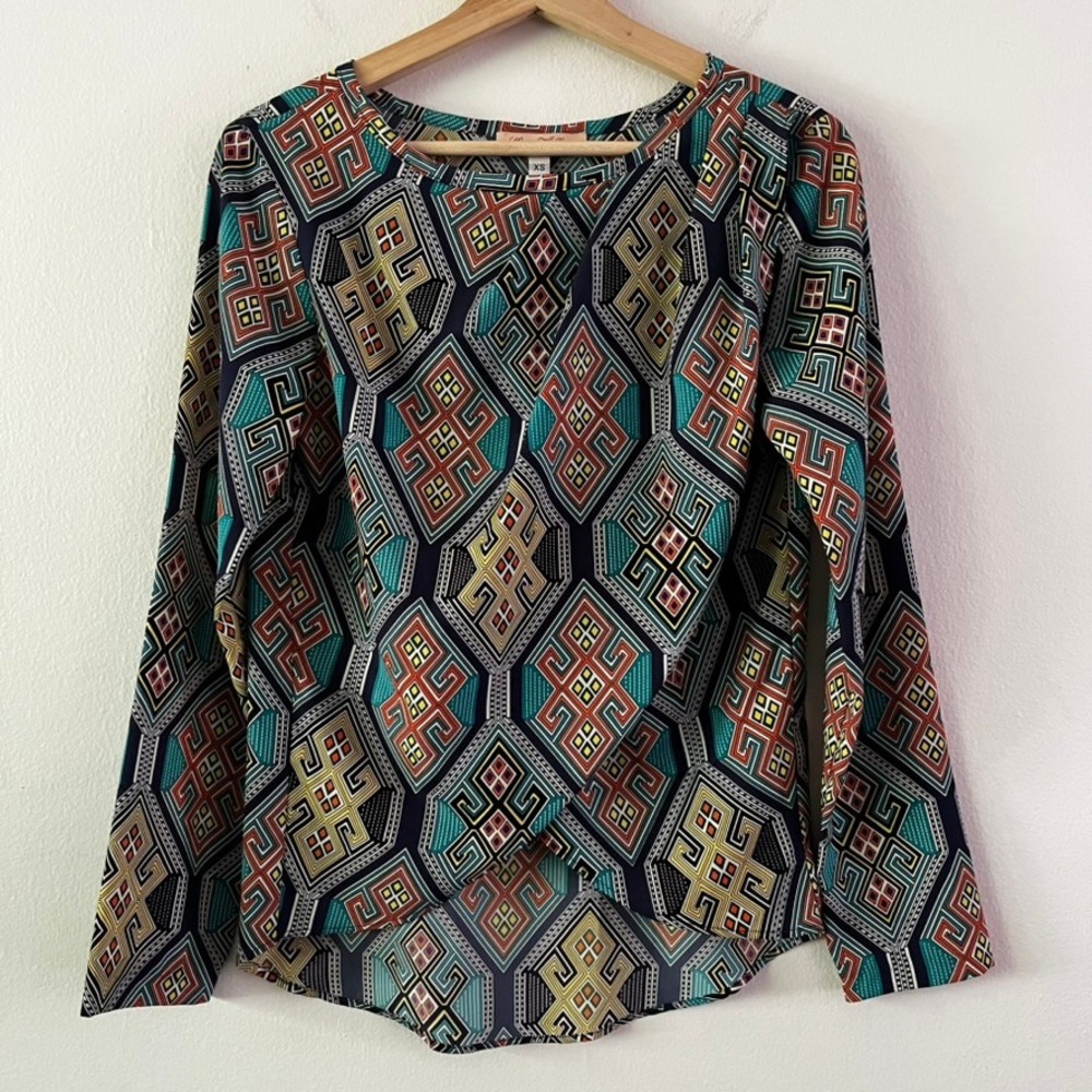 Mara Hoffman Tulip‎ Hem Geometric Print Long Sleeve Blouse Crew Neck size XS